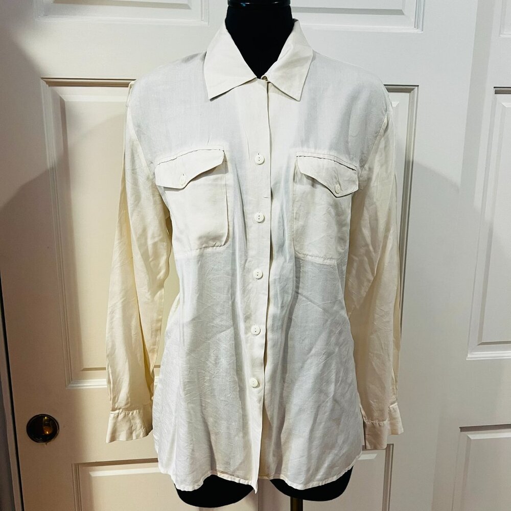Vintage Women's 100% Silk Cream Button Down Long Sleeve Collared Shirt w/Pockets
